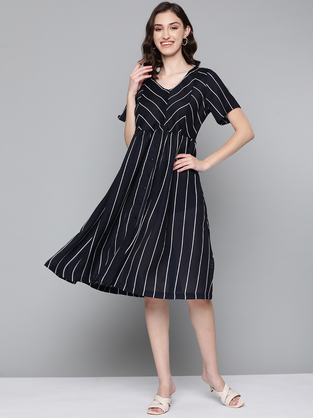 

HERE&NOW Navy Blue & White Striped Georgette Dress