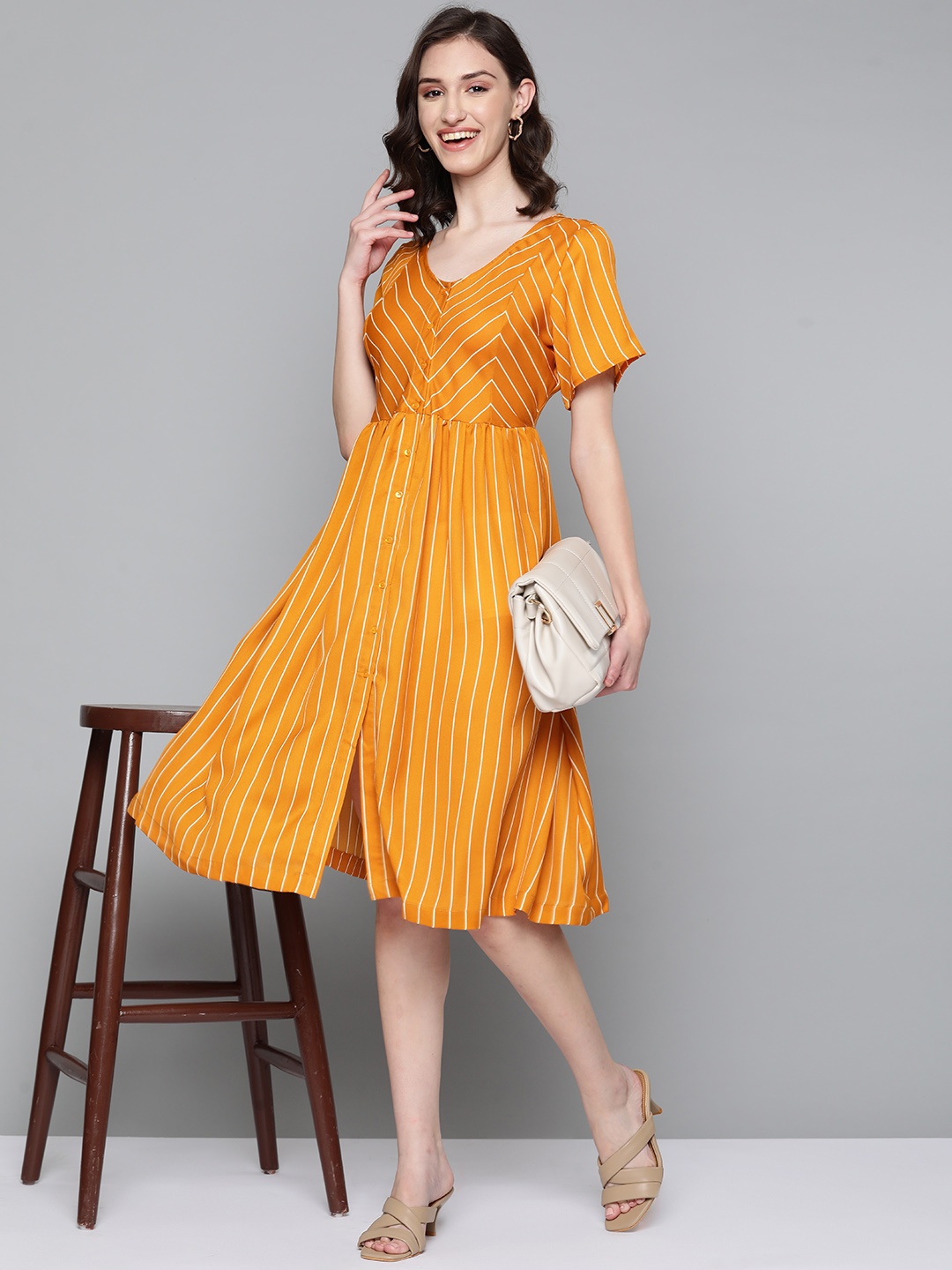 

HERE&NOW Yellow & White Striped Georgette Dress
