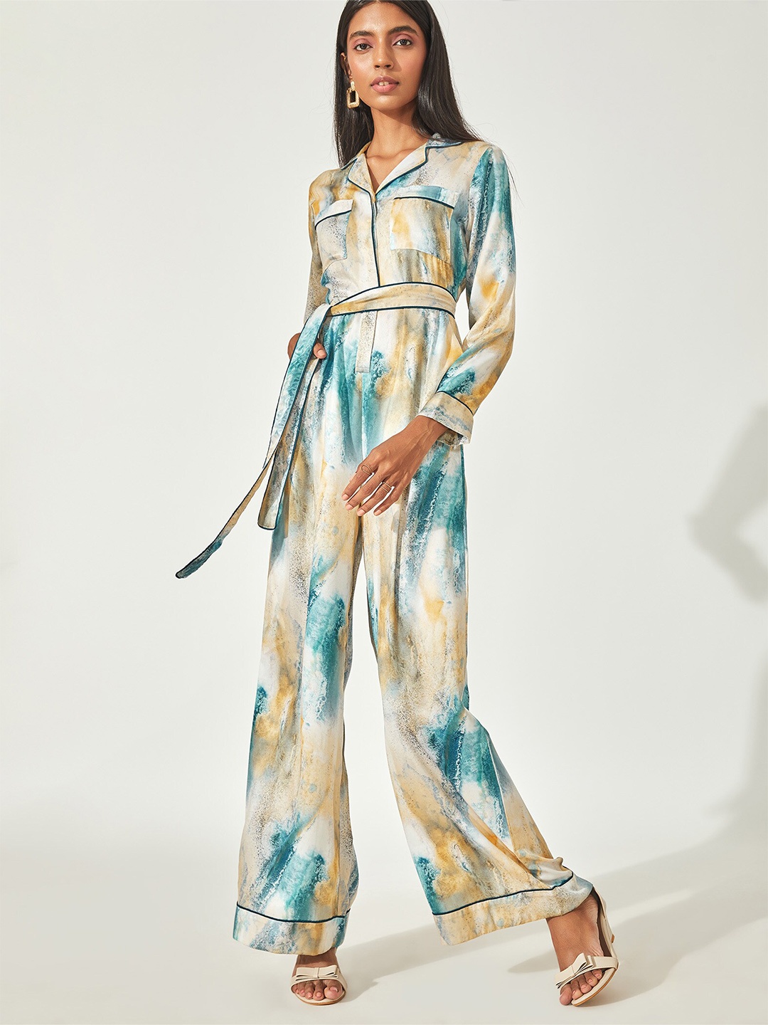 

The Label Life Blue & Beige Marble Print Flare Jumpsuit