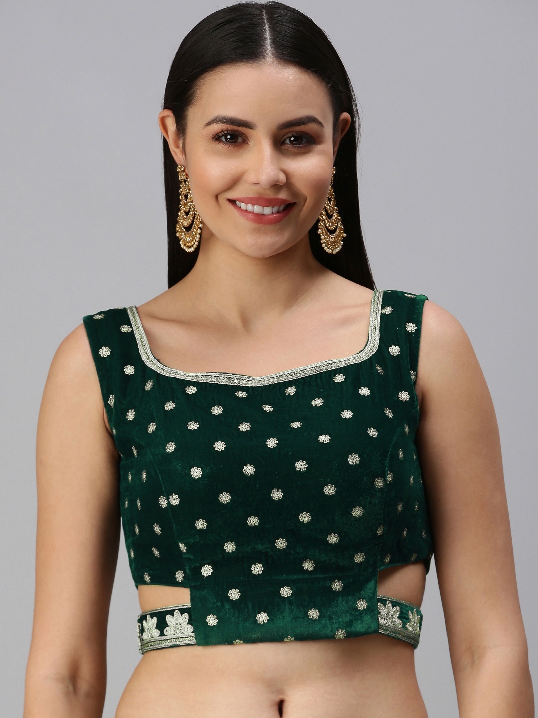 

flaher Women Green & Silver Embroidered Zari Readymade Padded Blouse with Cut Out Detail