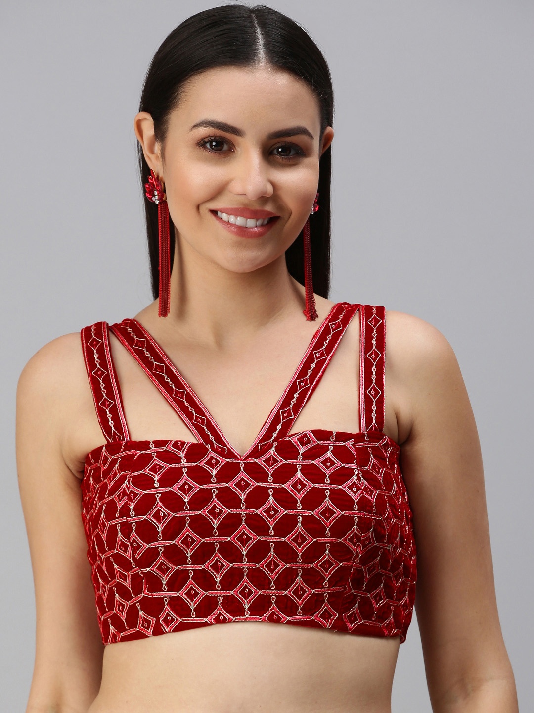 

flaher Women Red & Silver Embroidered Readymade Padded Blouse