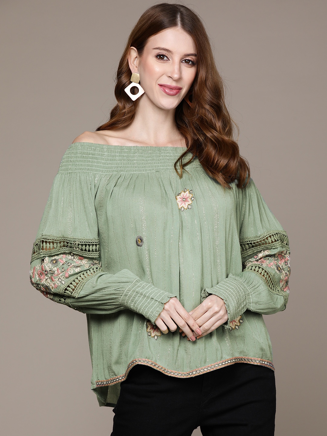 

Ishin Green Floral Embroidered Off-Shoulder Georgette Bardot Top