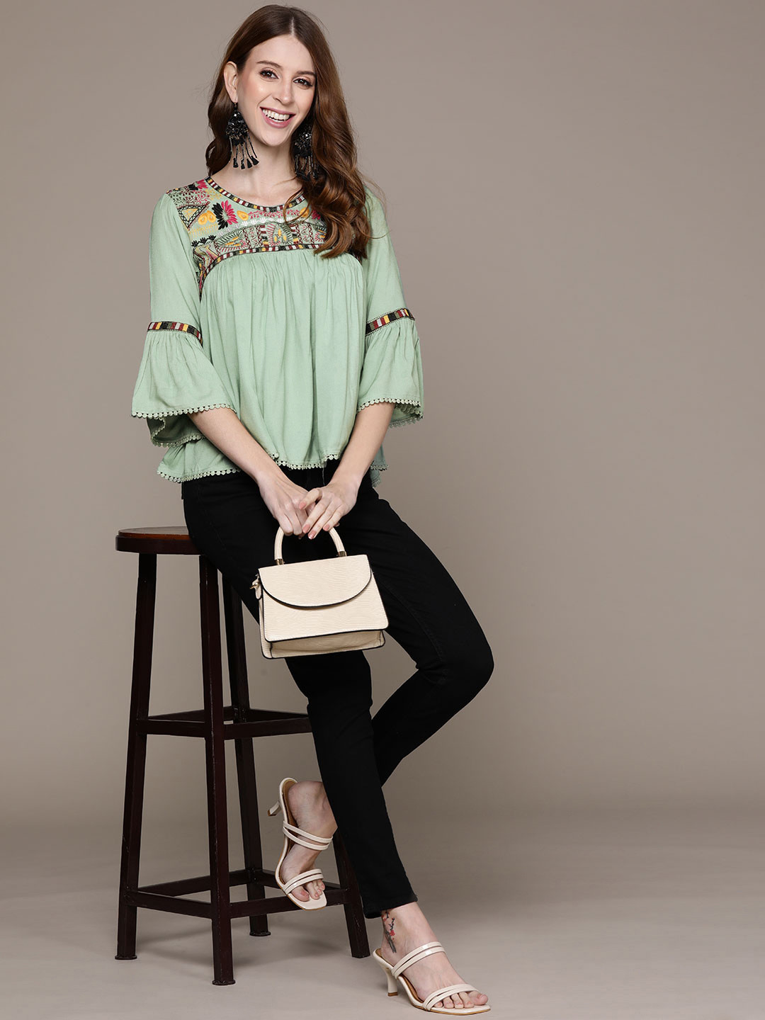 

Ishin Green Embroidered Bohemian Top