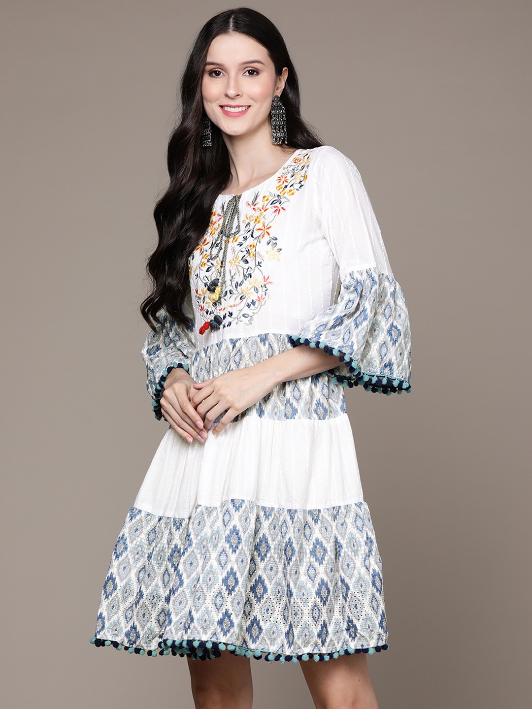 

Ishin White & Blue Ethnic Motifs Tie-Up Neck A-Line Dress