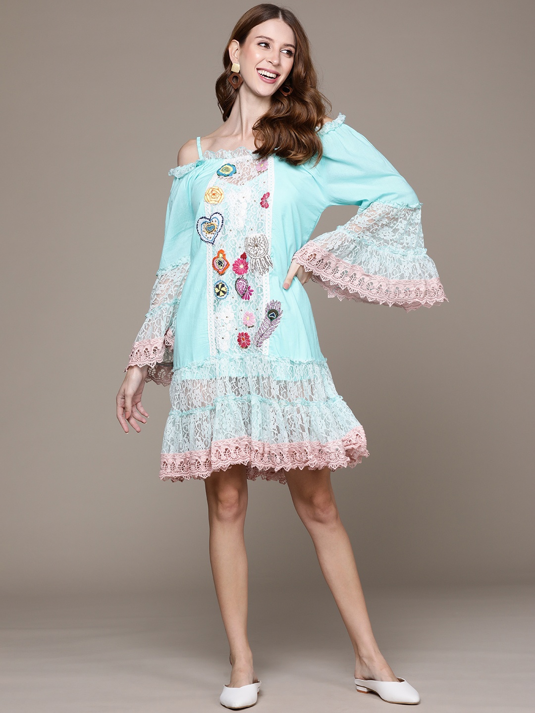 

Ishin Blue Floral Embroidered Off-Shoulder Lace A-Line Dress
