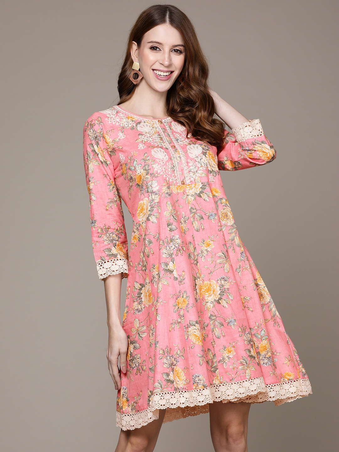 

Ishin Pink & Green Floral A-Line Dress