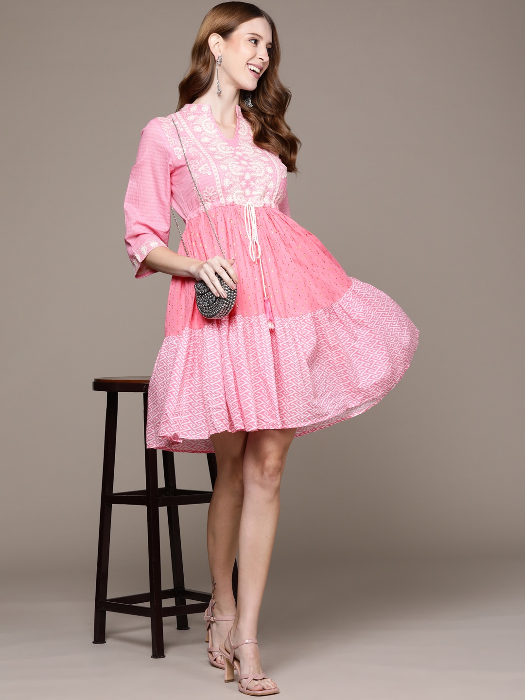 

Ishin Pink Ethnic Motifs Embroidered A-Line Dress