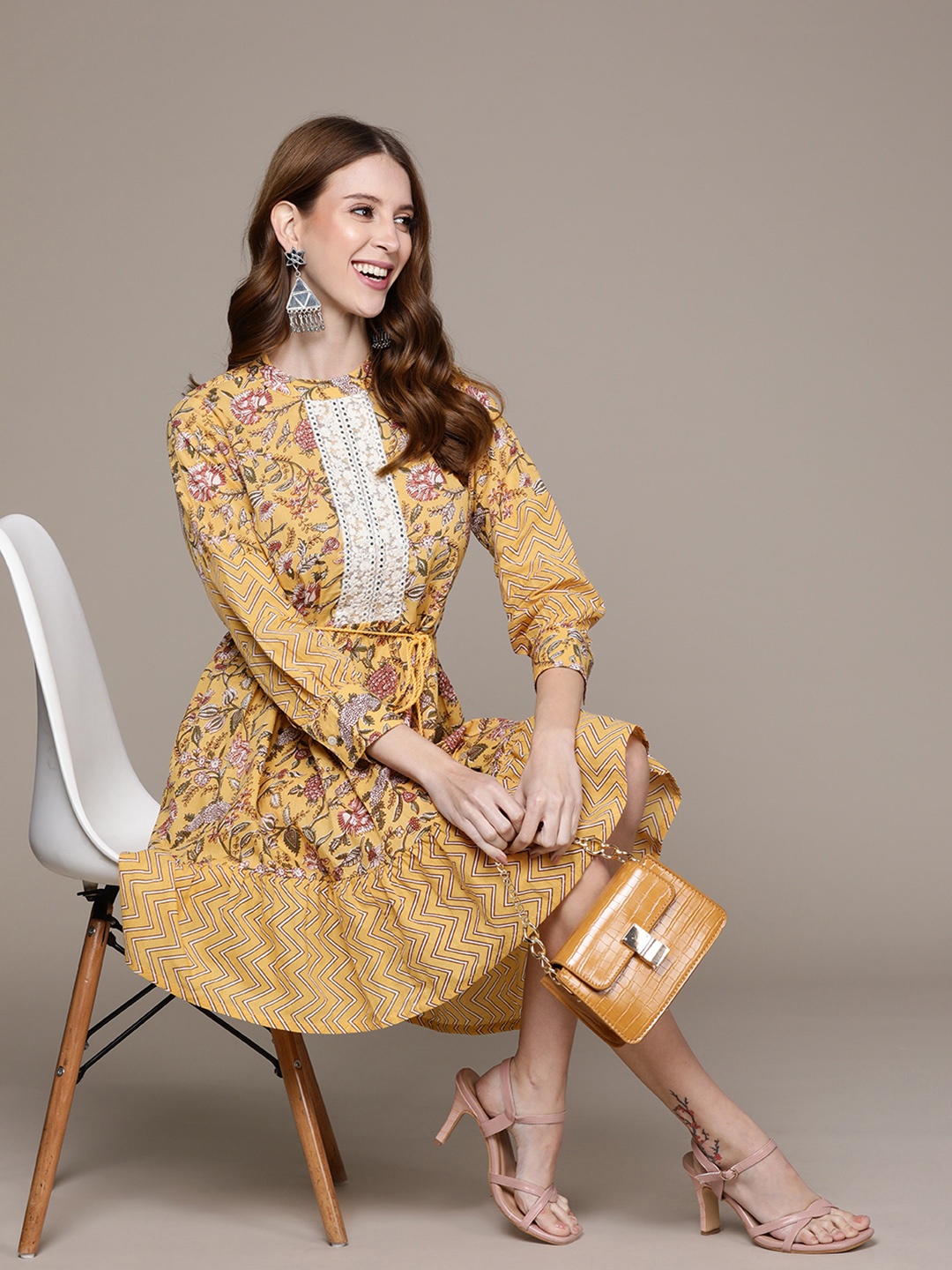 

Ishin Yellow & Green Floral A-Line Dress