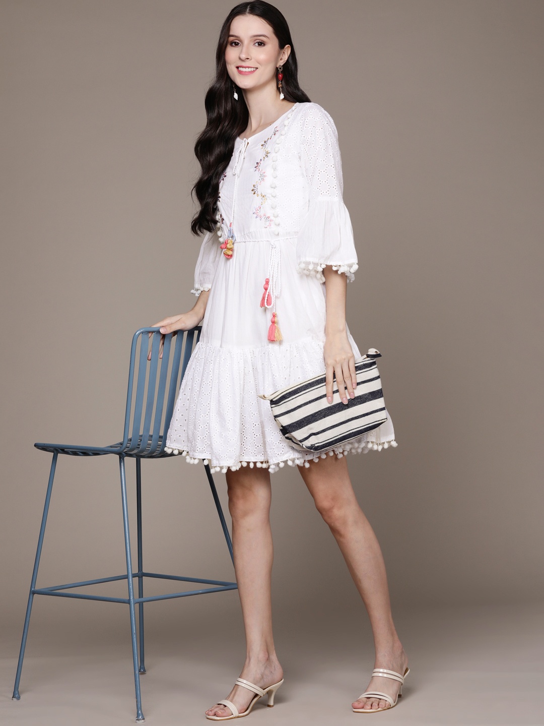 

Ishin White Floral Embroidered Tie-Up Neck A-Line Dress