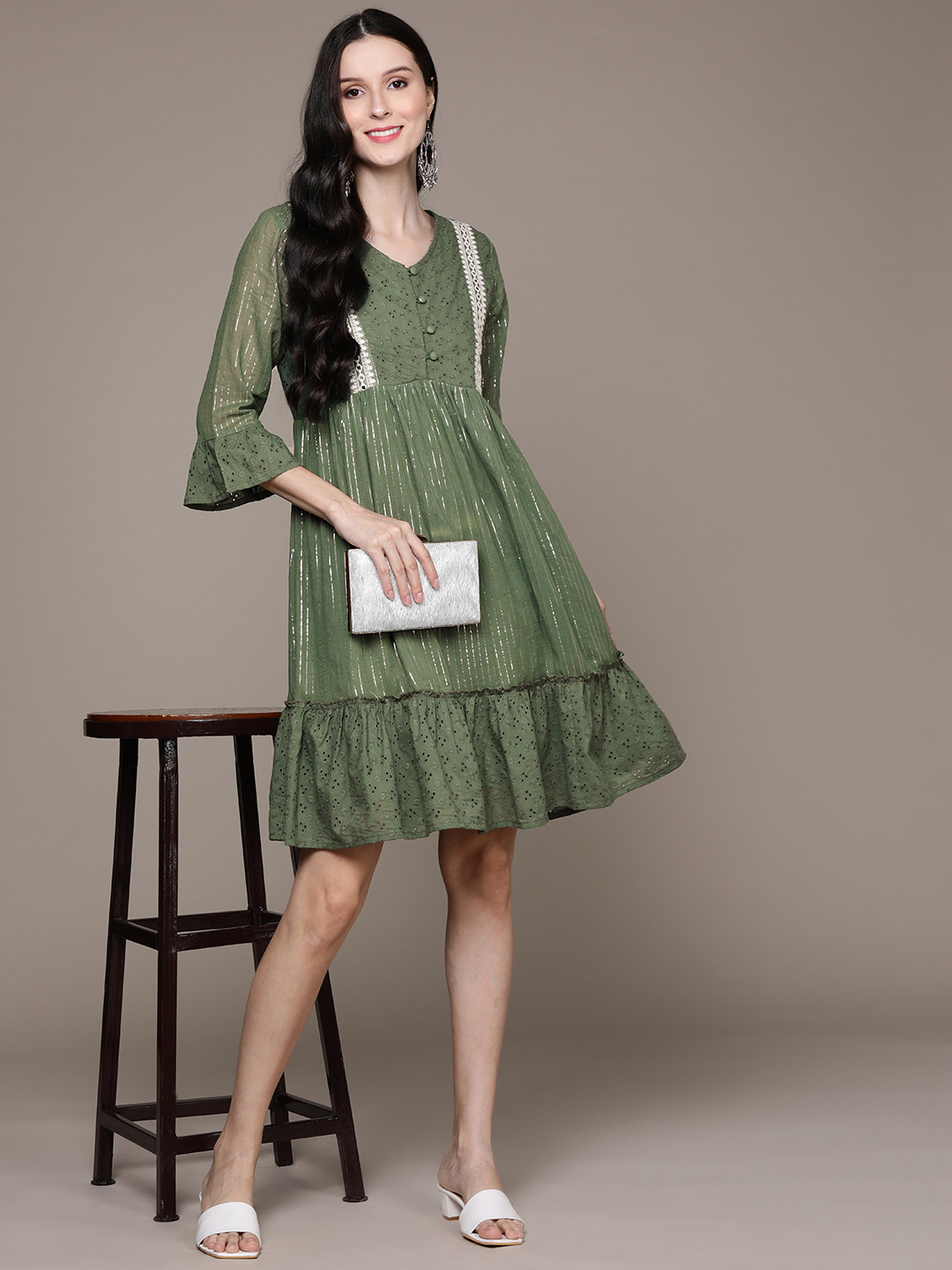 

Ishin Green Embroidered A-Line Dress