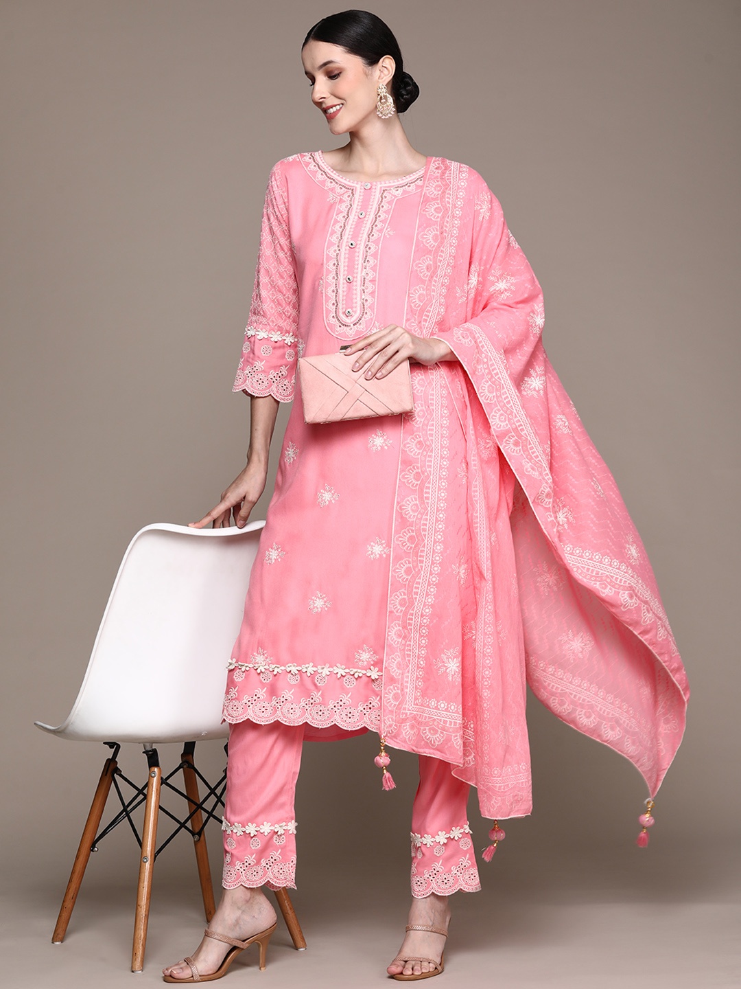 

Ishin Women Pink Floral Embroidered Kurta with Trousers & With Dupatta