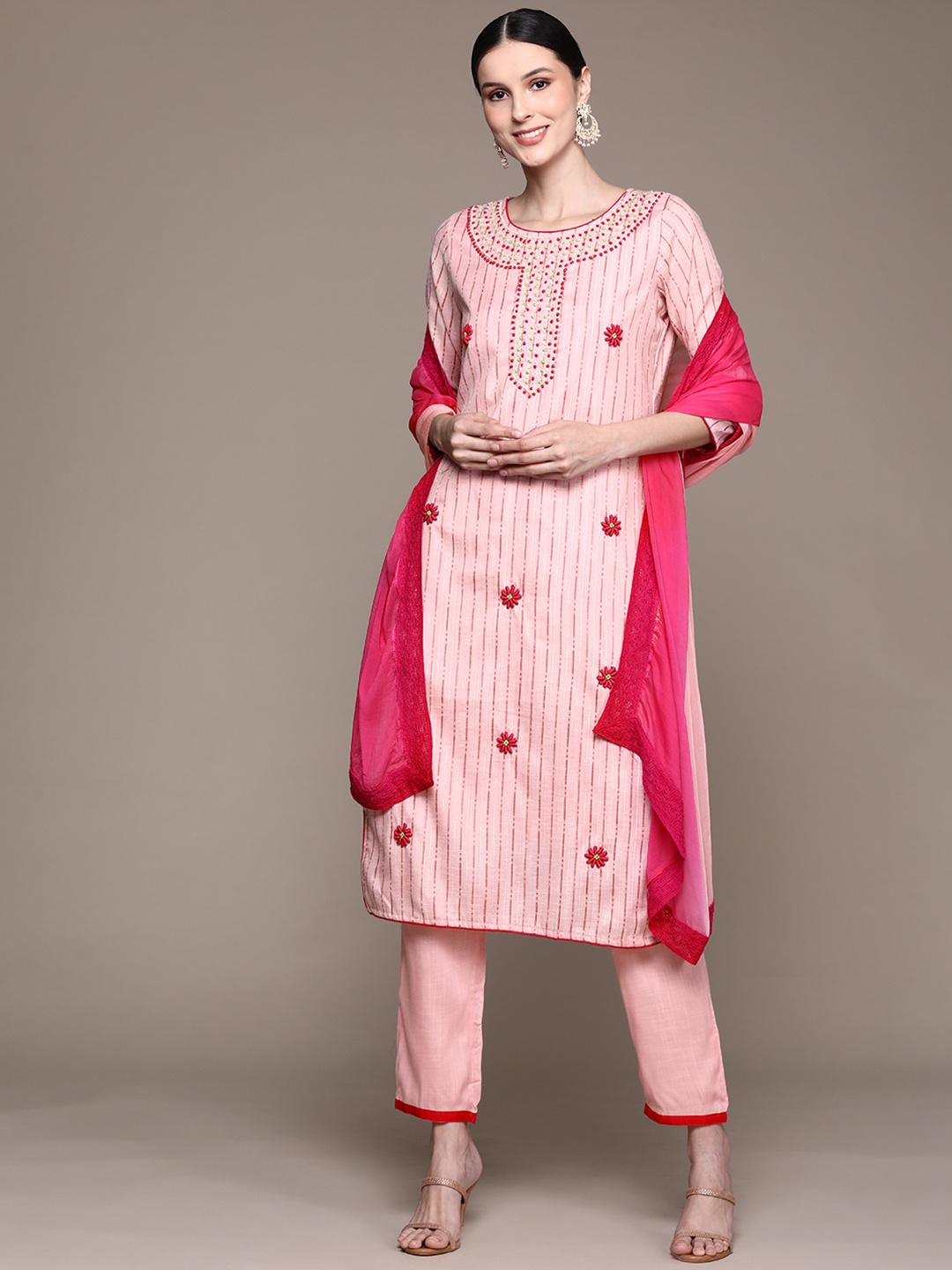

Ishin Women Pink Floral Embroidered Thread Work Kurta with Trousers & With Dupatta