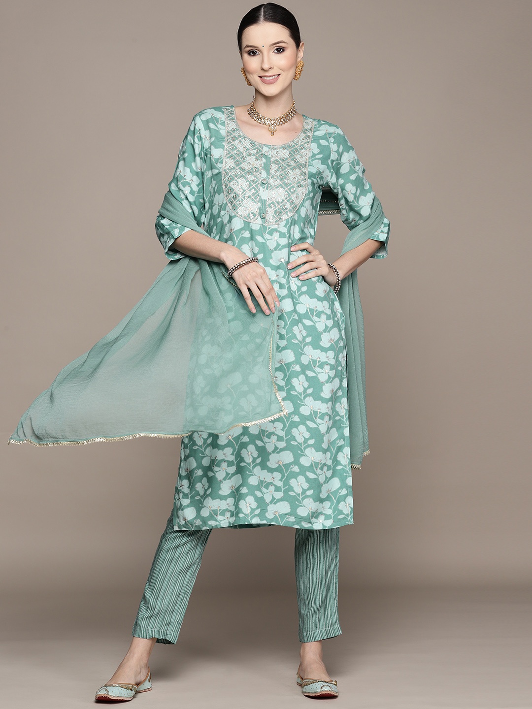

Ishin Women Green Floral Yoke Design Sequinned Kurta with Trousers & With Dupatta