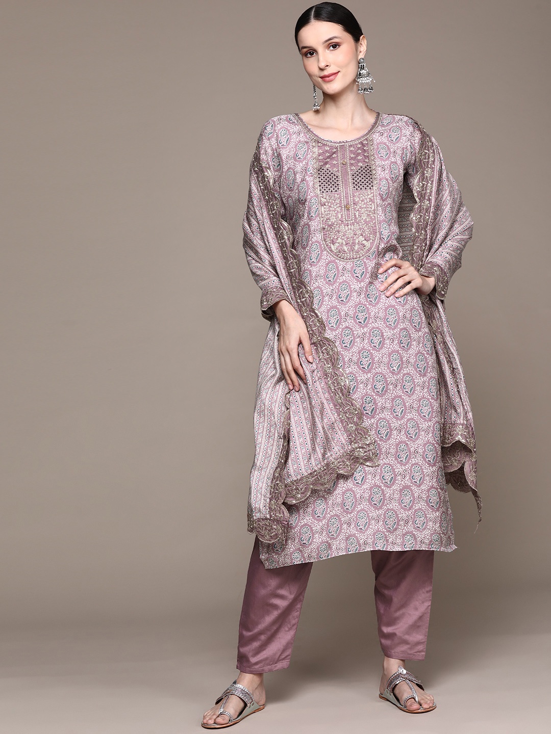 

Ishin Women Purple Floral Embroidered Kurta with Trousers & With Dupatta