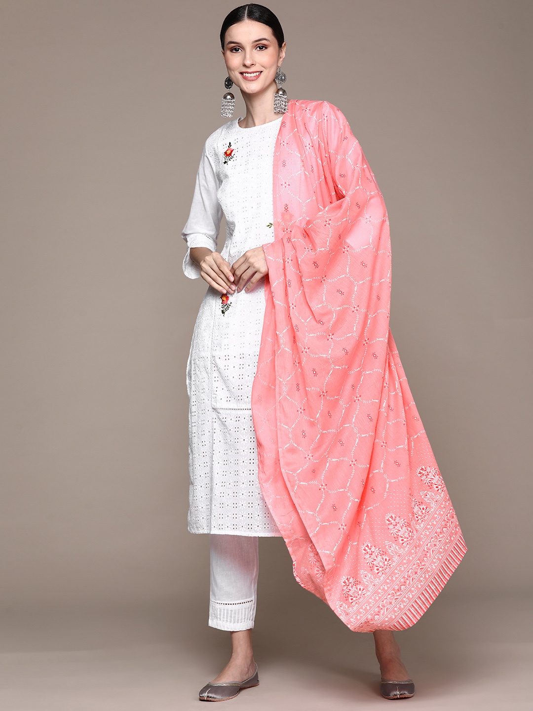 

Ishin Women White Floral Embroidered Thread Work Pure Cotton Kurta with Trousers & With Dupatta