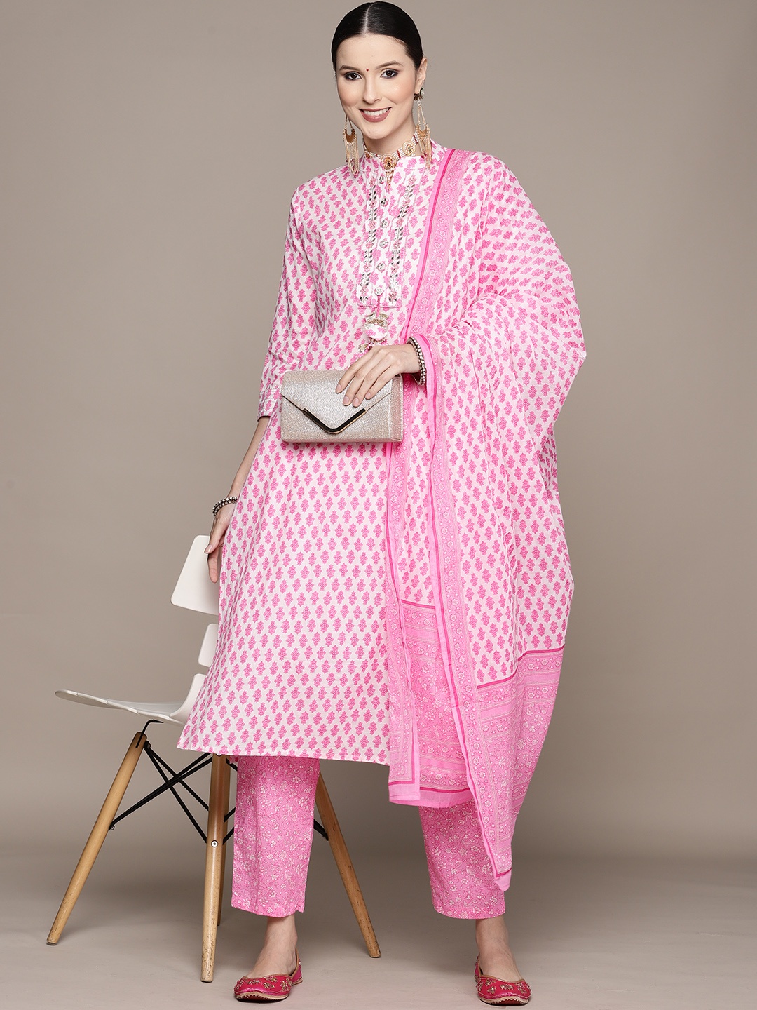 

Ishin Women Pink Ethnic Motifs Yoke Design Sequinned Pure Cotton Kurta with Trousers & With Dupatta