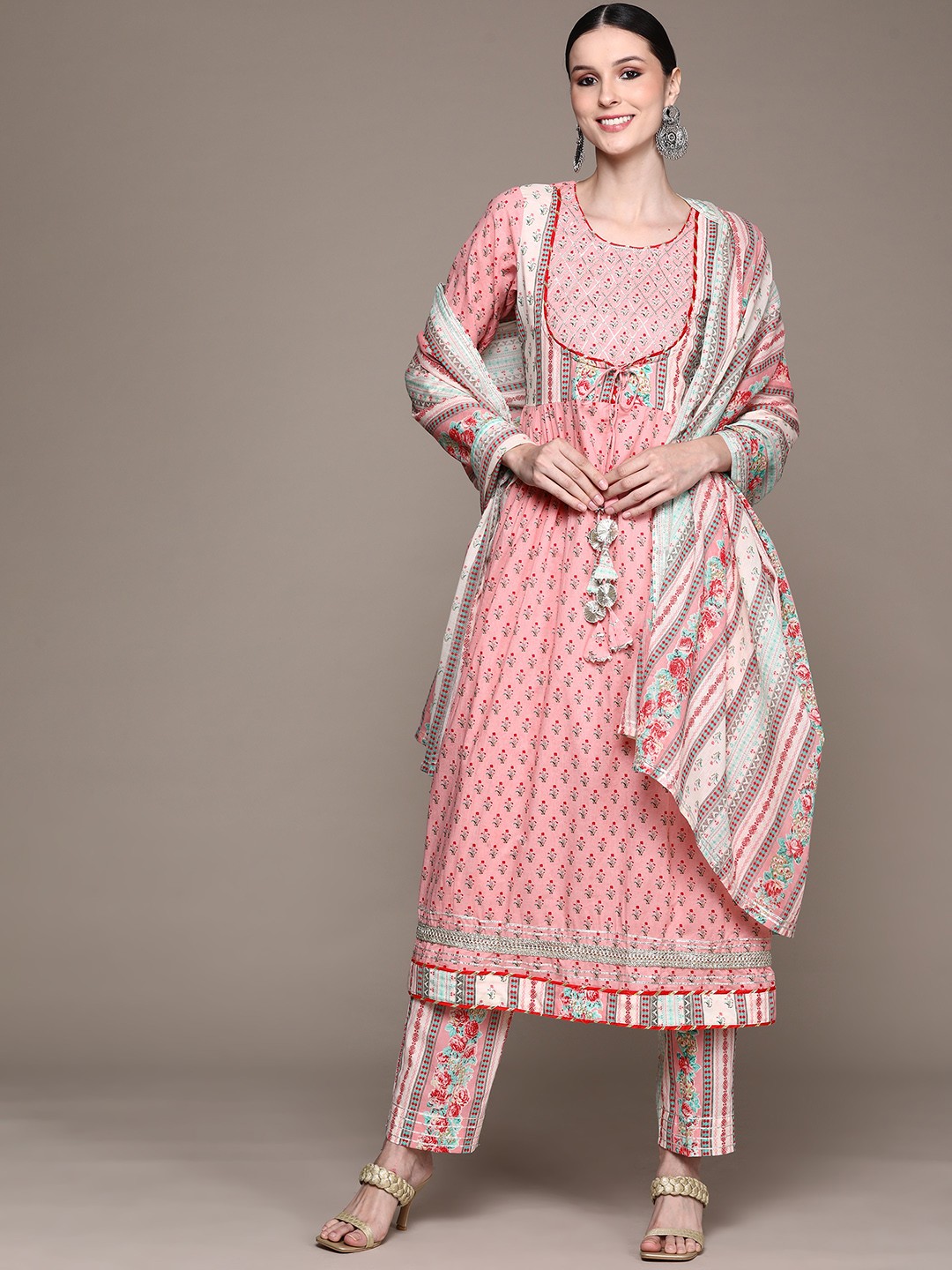 

Ishin Women Pink Floral Embroidered Pure Cotton Kurta with Trousers & With Dupatta