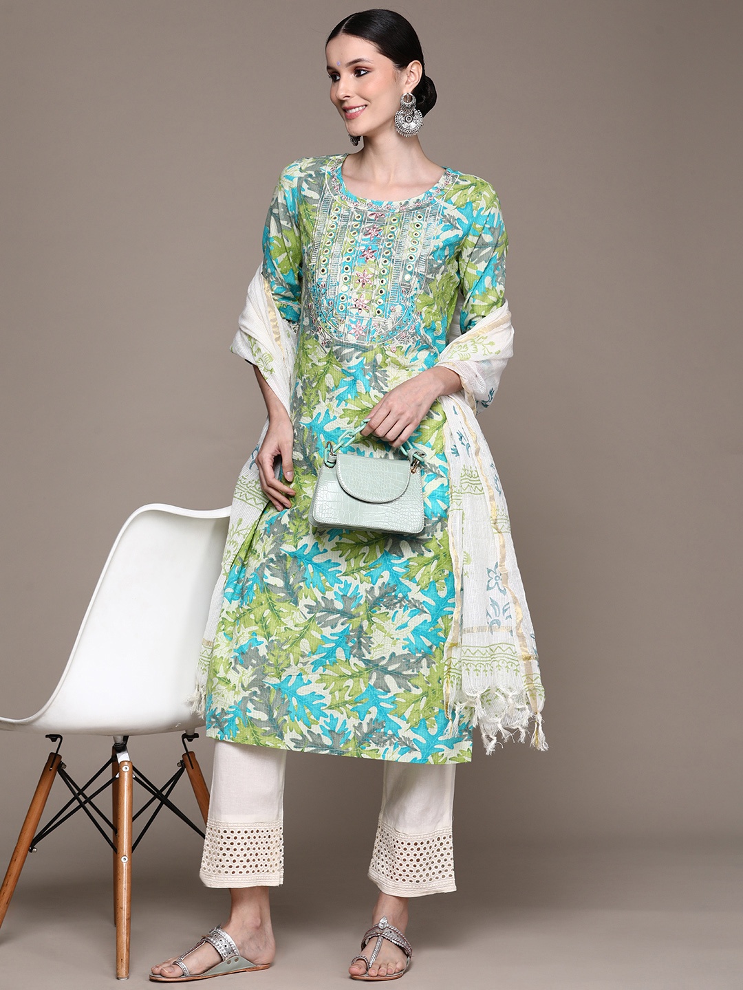

Ishin Women Green Floral Yoke Design Mirror Work Pure Cotton Kurta with Trousers & With Dupatta