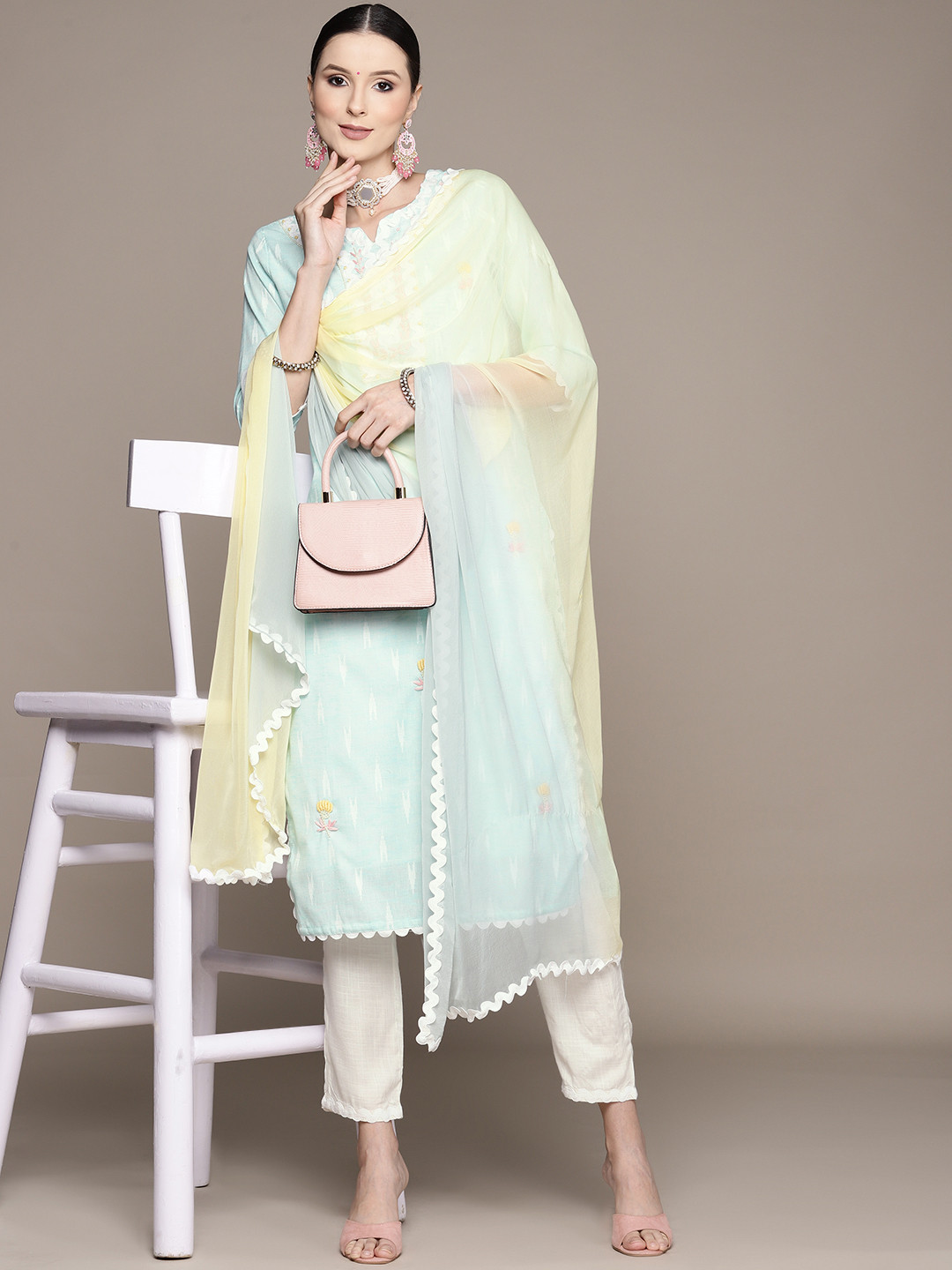 

Ishin Women Blue Floral Embroidered Pure Cotton Kurta with Trousers & With Dupatta