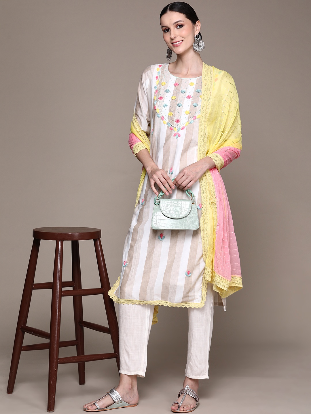 

Ishin Women White Floral Embroidered Pure Cotton Kurta with Trousers & With Dupatta