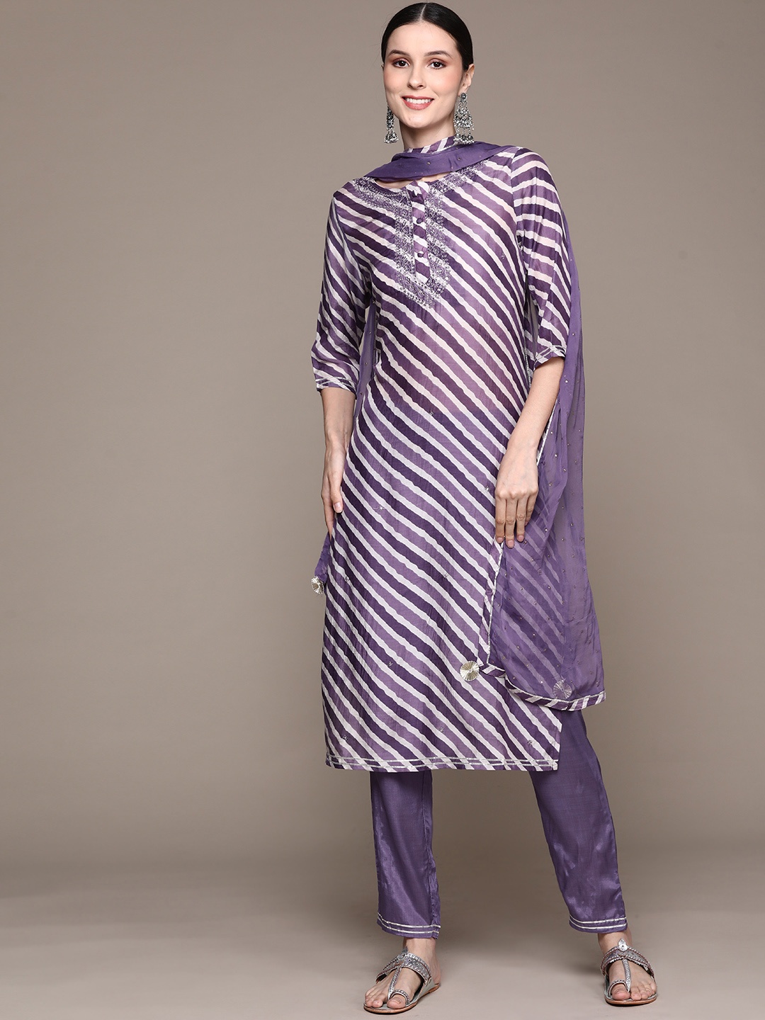 

Ishin Women Purple Striped Mirror Work Kurta with Trousers & With Dupatta