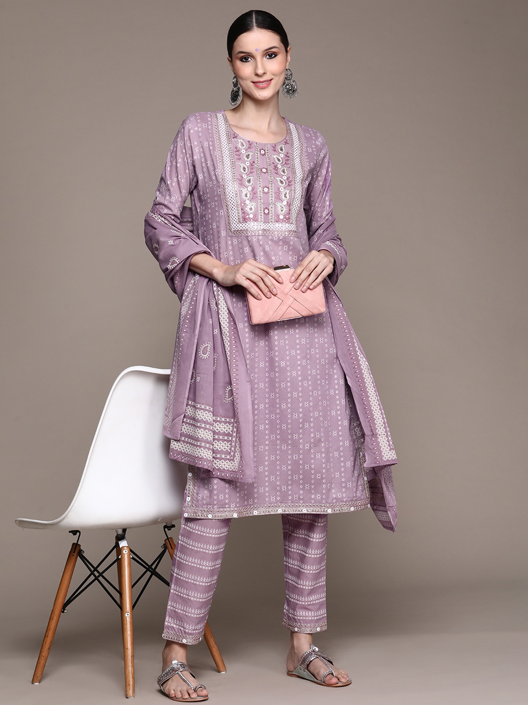 

Ishin Women Purple Floral Yoke Design Mirror Work Pure Cotton Kurta with Trousers & With Dupatta