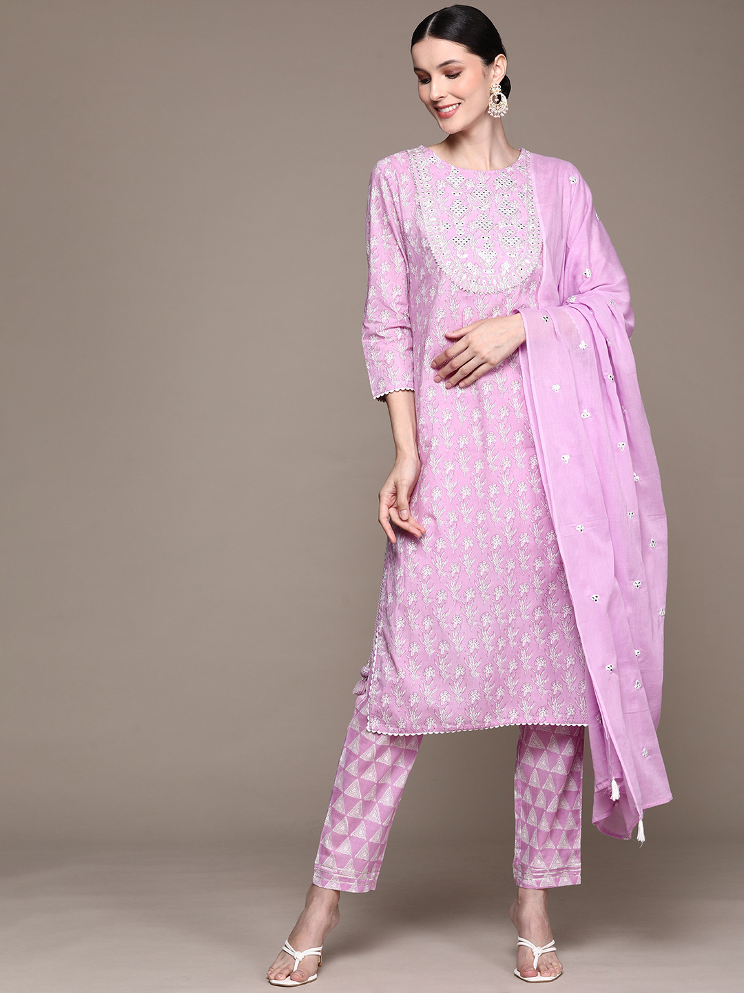 

Ishin Women Purple Floral Embroidered Pure Cotton Kurta with Trousers & With Dupatta