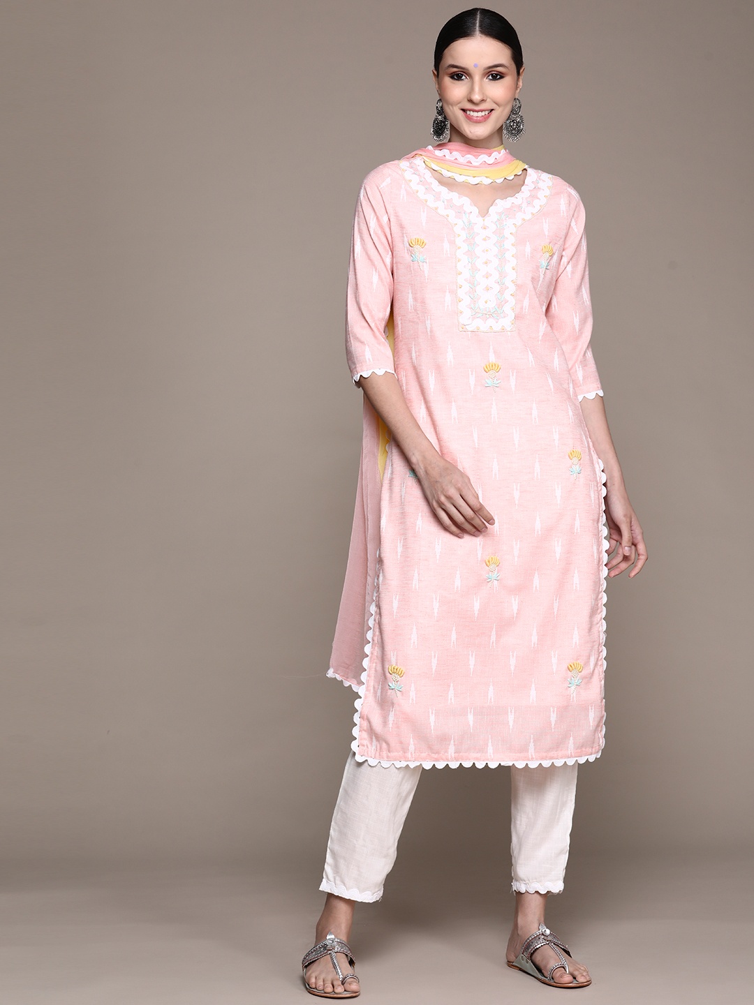 

Ishin Women Pink Floral Embroidered Pure Cotton Kurta with Trousers & With Dupatta