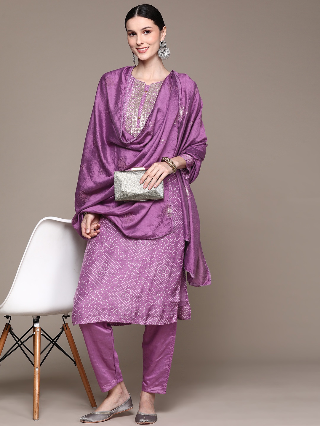 

Ishin Women Purple Bandhani Printed Sequinned Kurta with Trousers & With Dupatta