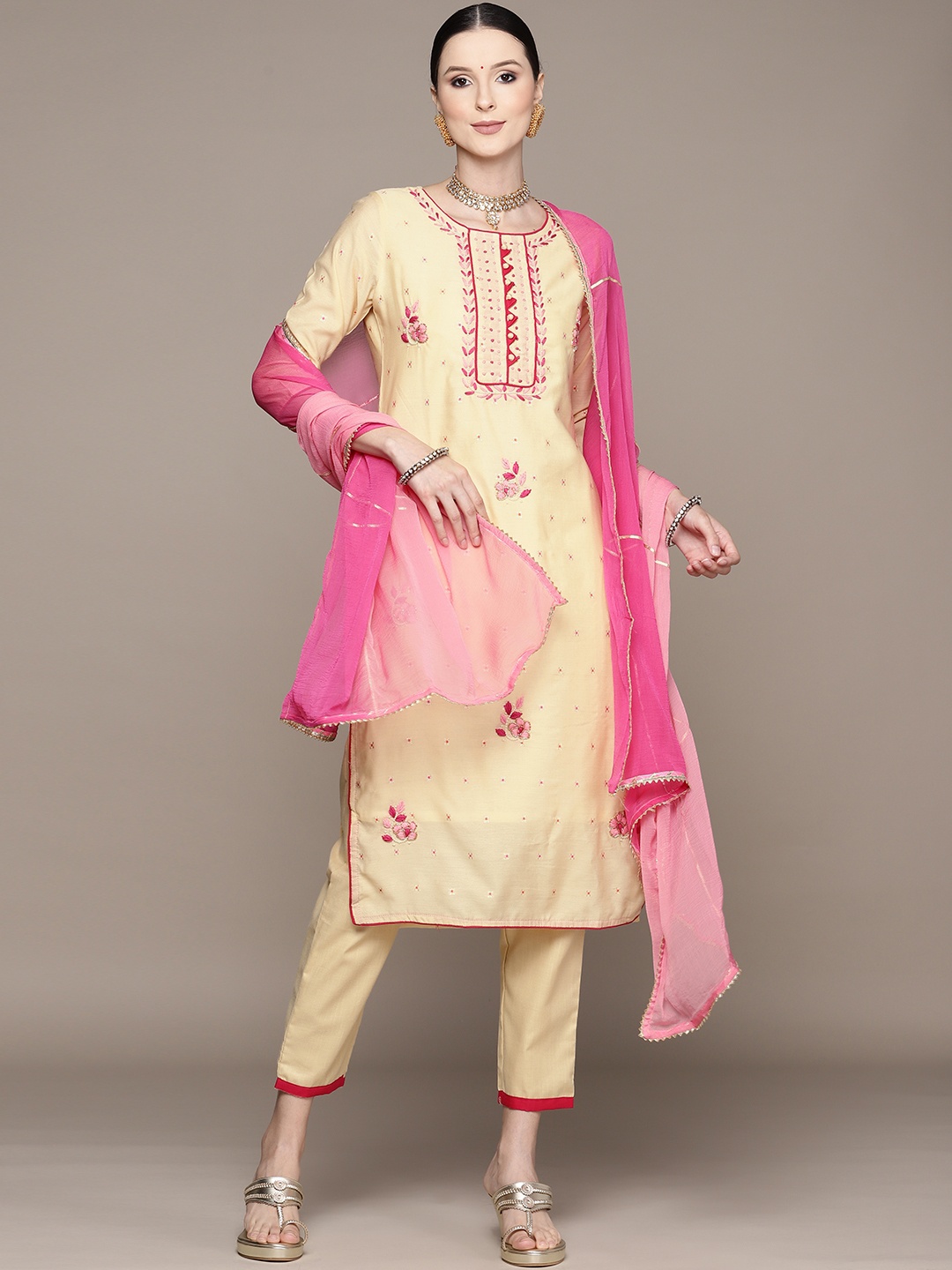 

Ishin Women Beige Floral Embroidered Beads and Stones Kurta with Trousers & With Dupatta