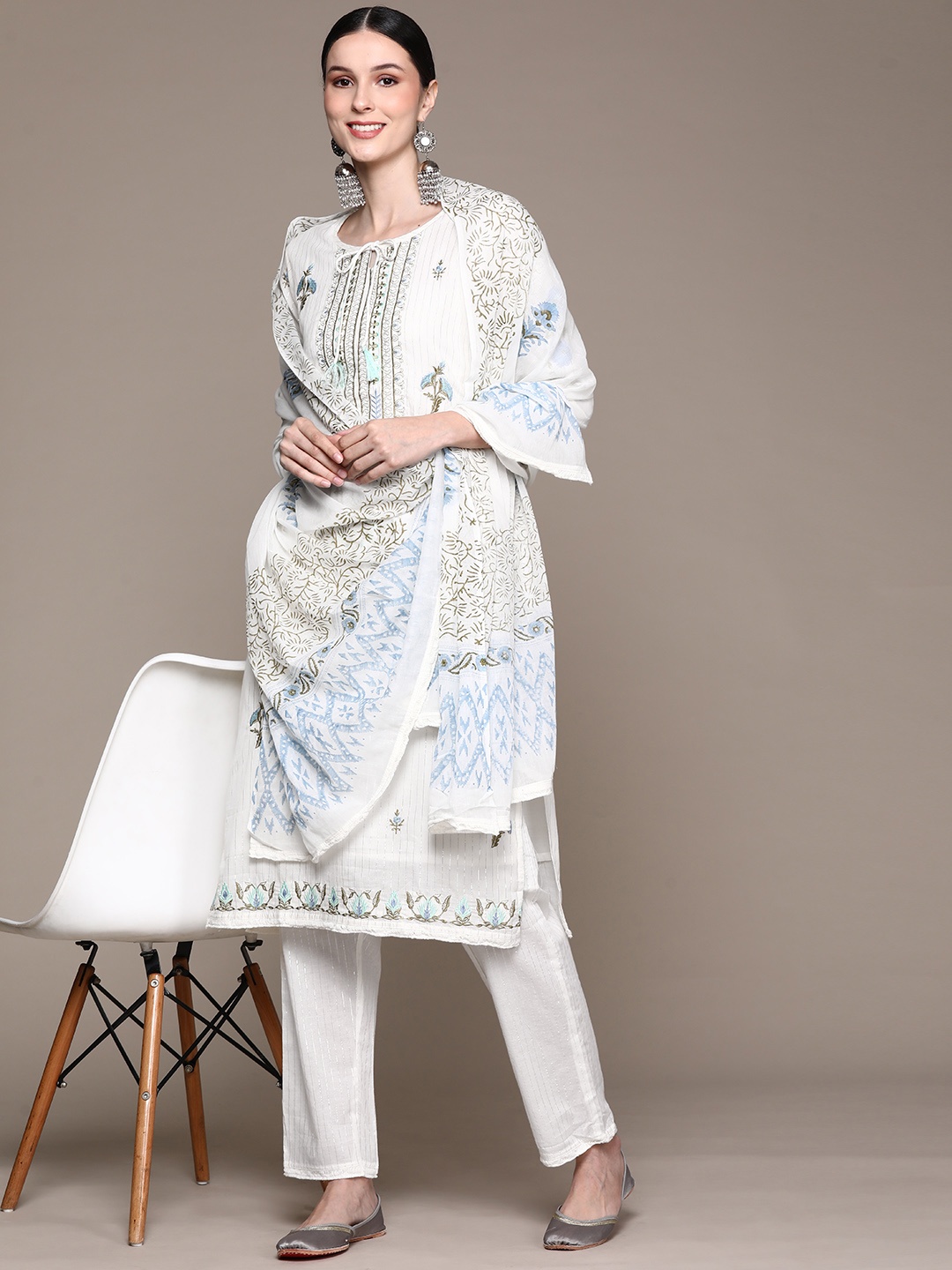 

Ishin Women White Floral Embroidered Kurta with Trousers & With Dupatta