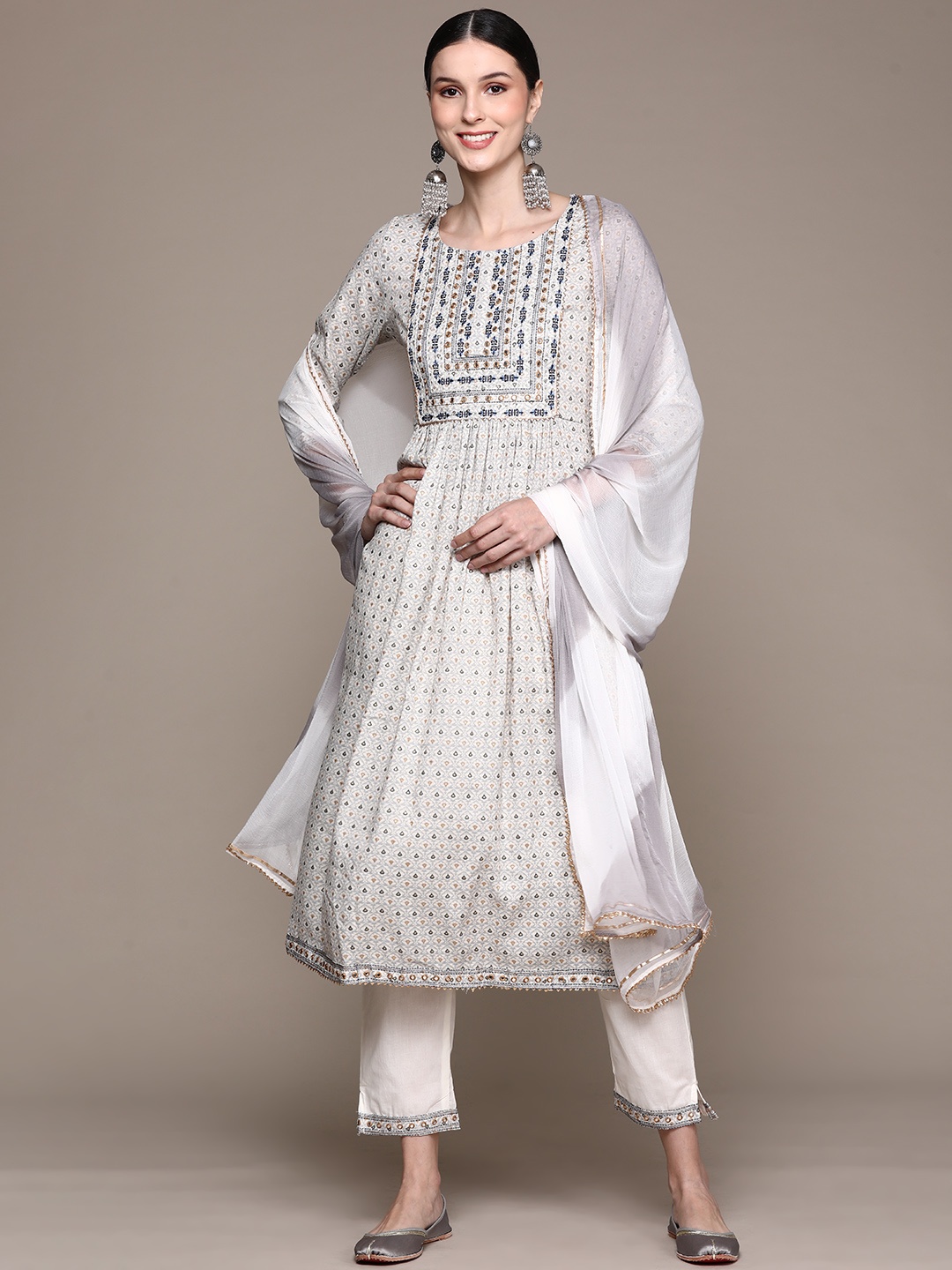 

Ishin Women Grey Ethnic Motifs Yoke Design Mirror Work Kurta with Trousers & With Dupatta