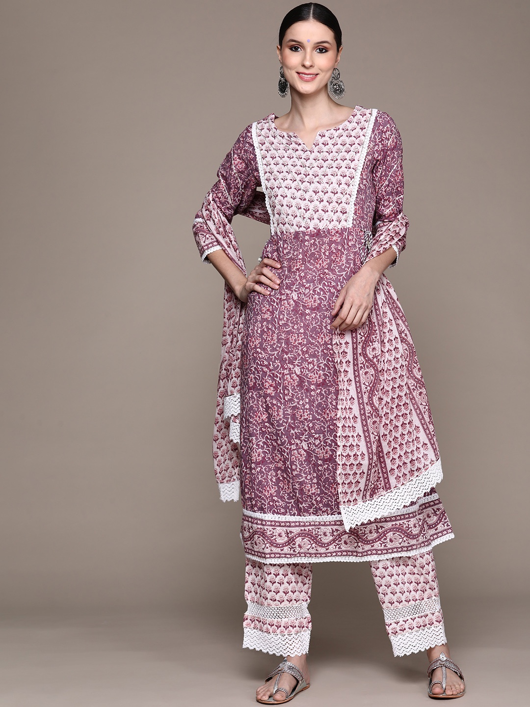 

Ishin Women Purple Floral Yoke Design Pure Cotton Kurta with Trousers & With Dupatta
