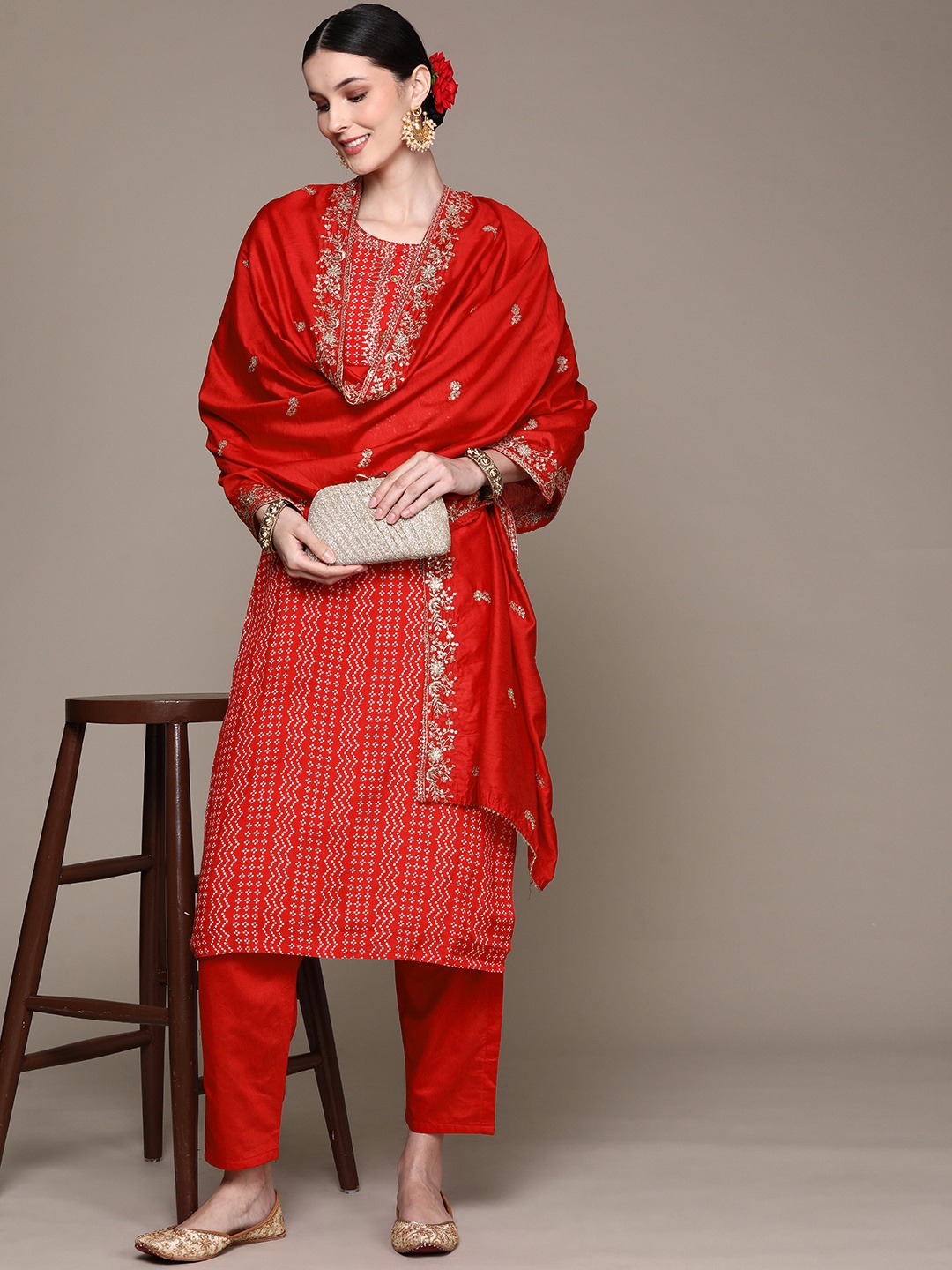 

Ishin Women Red Bandhani Printed Kurta with Trousers & With Dupatta