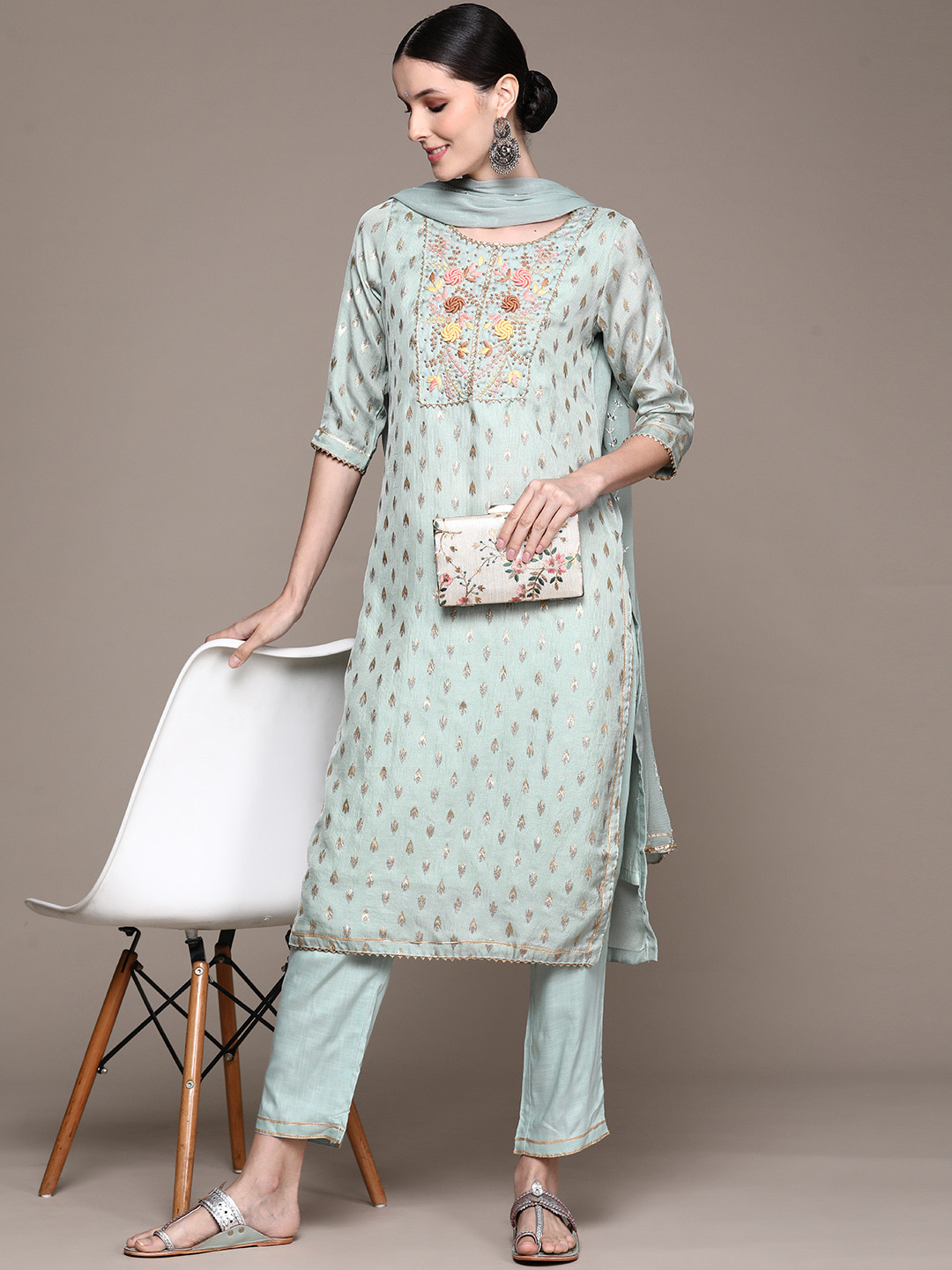 

Ishin Women Sea Green Floral Yoke Design Beads and Stones Kurta with Trousers & With Dupatta