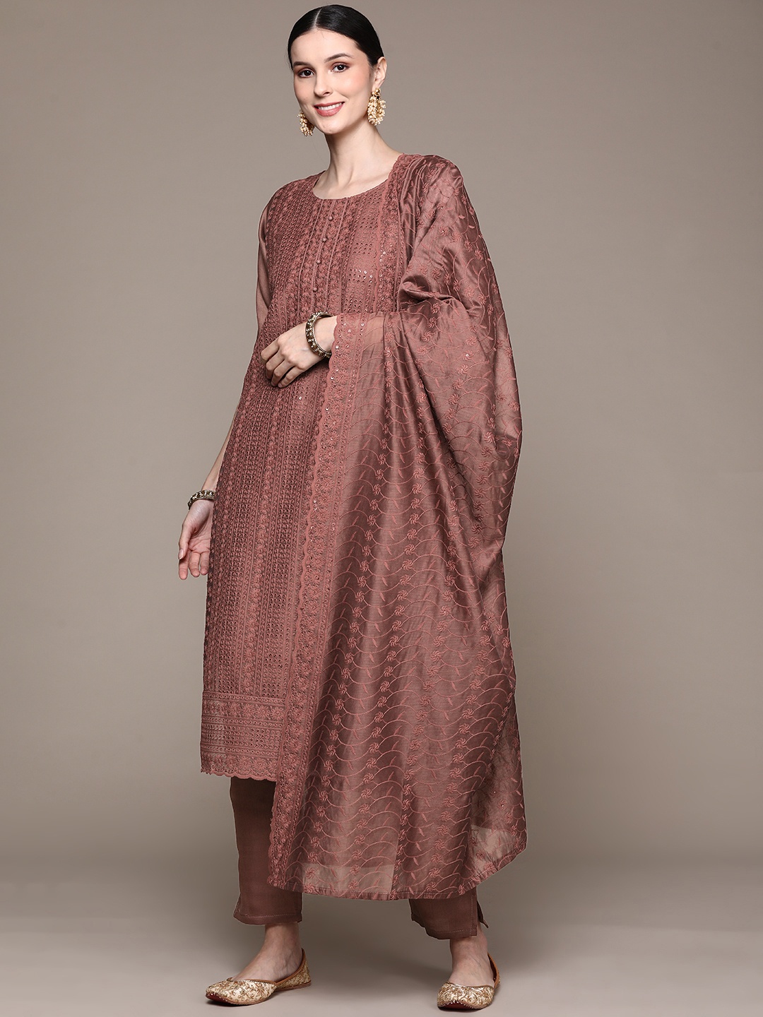 

Ishin Women Brown Floral Embroidered Thread Work Chanderi Silk Kurta with Trousers & With Dupatta