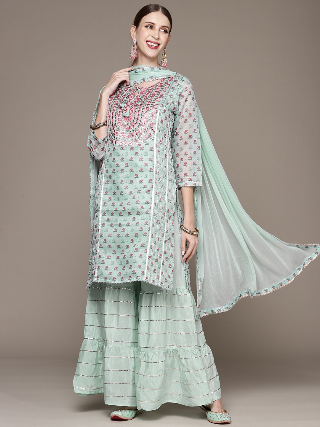 

Ishin Women Sea Green Printed Chanderi Cotton Kurta with Sharara & With Dupatta