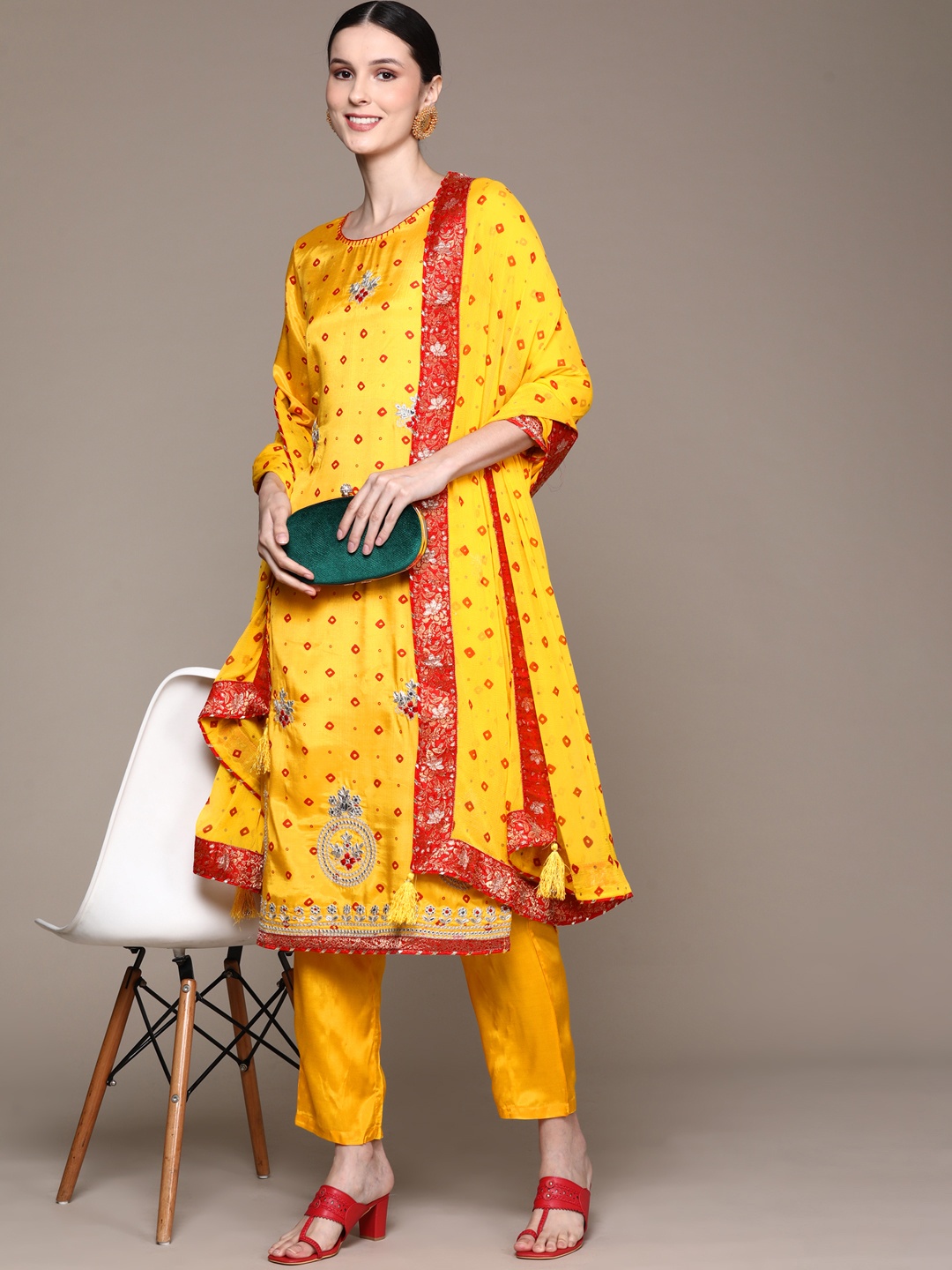 

Ishin Women Yellow Printed Kurta with Trousers & With Dupatta
