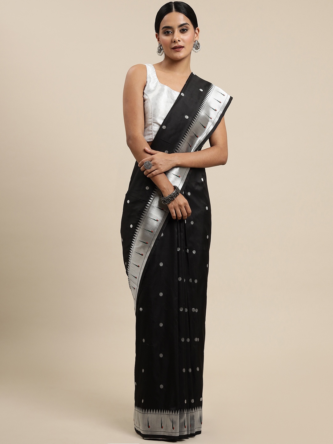 Royal Rajgharana Saree Black & Silver Woven Design Silk Blend Paithani Sarees