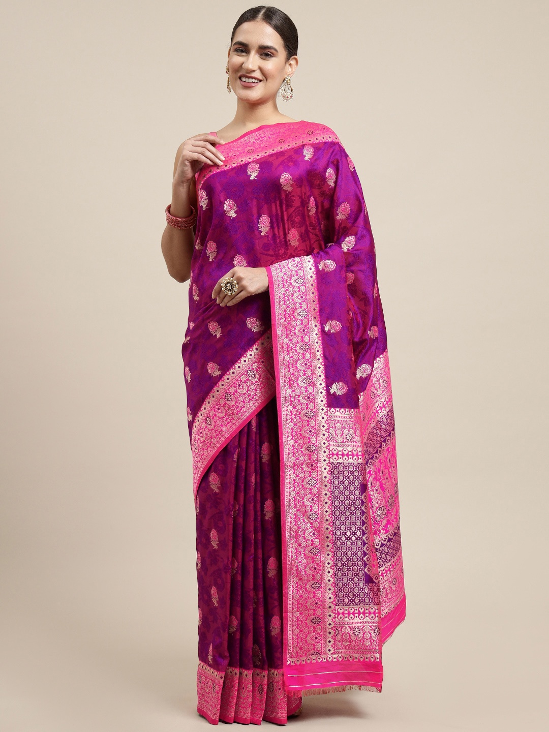 

Royal Rajgharana Saree Purple & Pink Ethnic Motifs Woven Design Banarasi Sarees