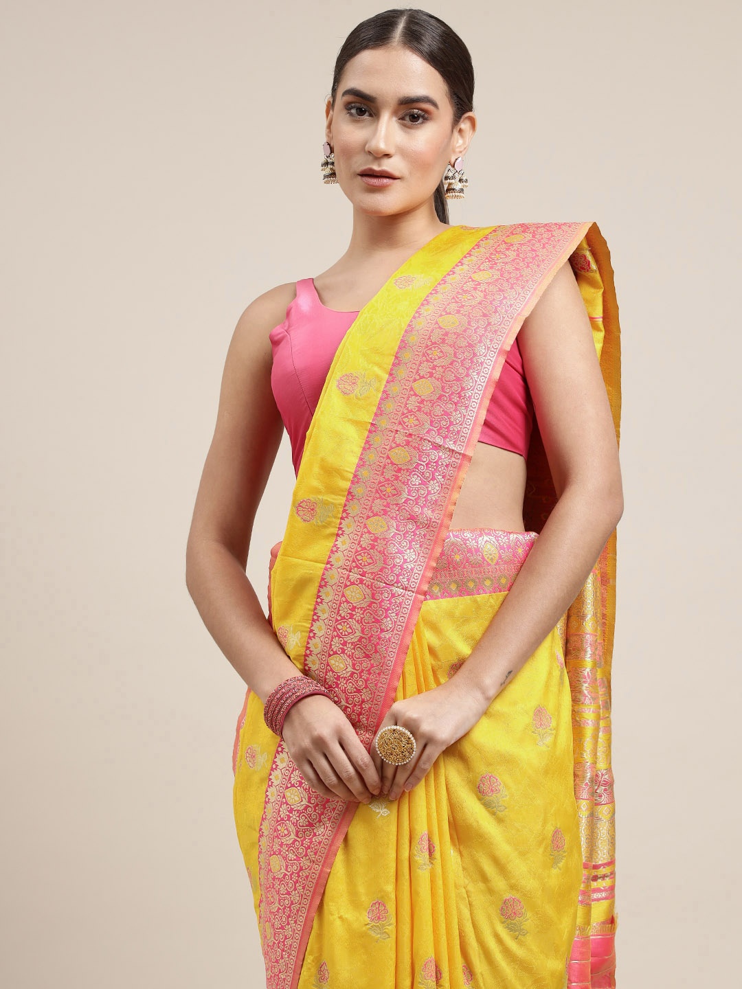 

Royal Rajgharana Saree Mustard Yellow & Pink Floral Silk Blend Celebrity Banarasi Sarees