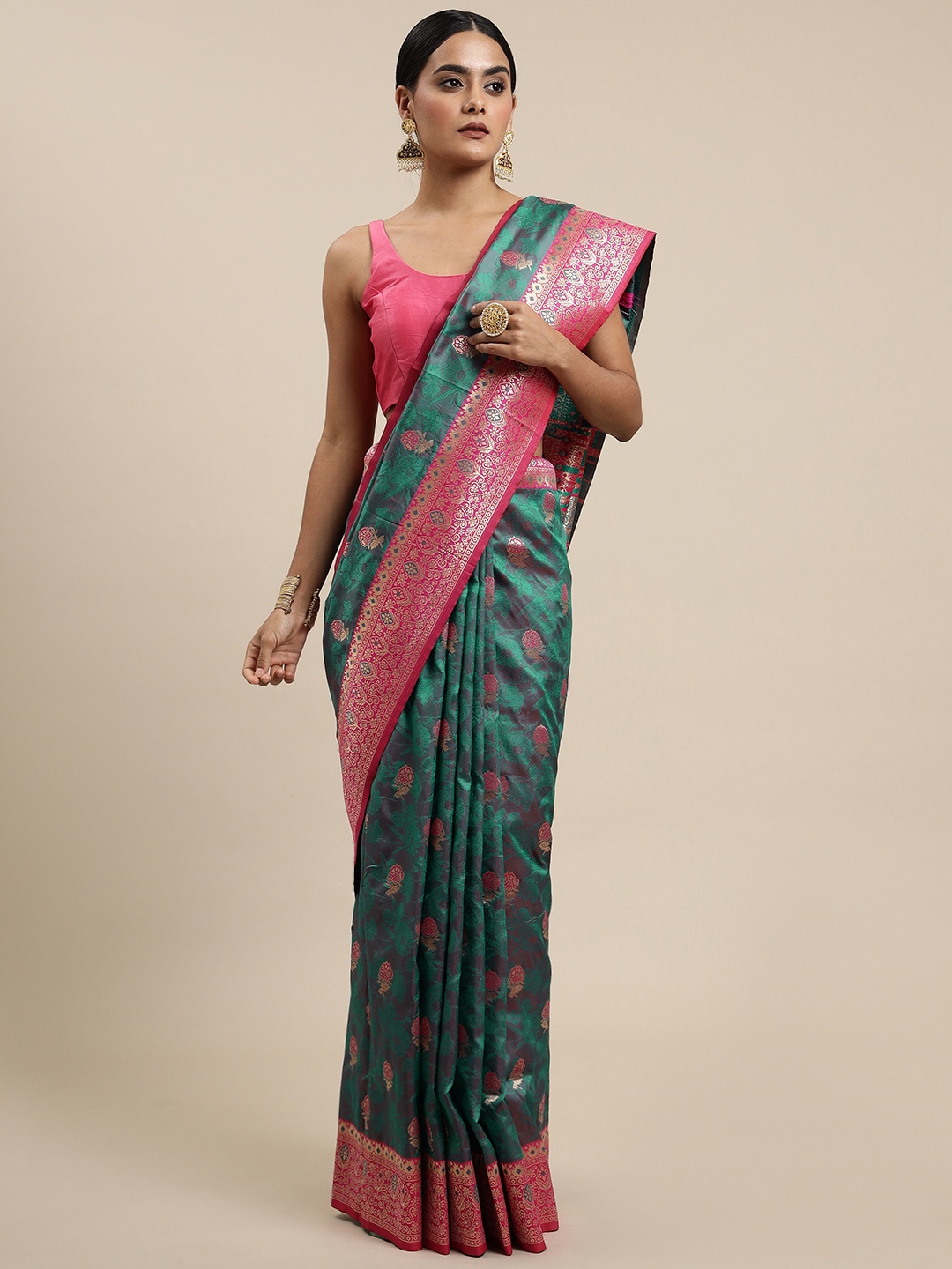 

Royal Rajgharana Saree Teal Green & Golden Ethnic Motifs Silk Blend Banarasi Sarees