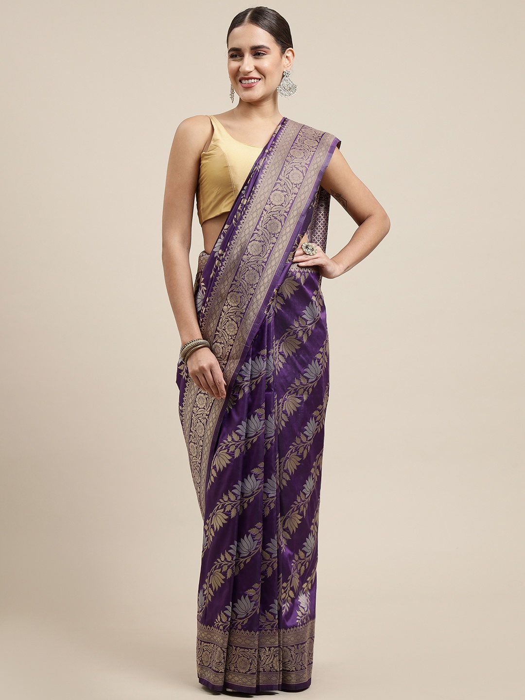 

Royal Rajgharana Saree Purple & Silver Ethnic Motifs Woven Design Banarasi Sarees