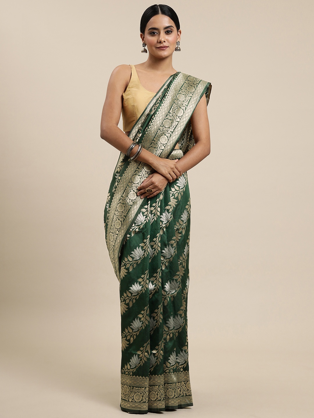 

Royal Rajgharana Saree Green & Silver Ethnic Motifs Silk Blend Banarasi Sarees