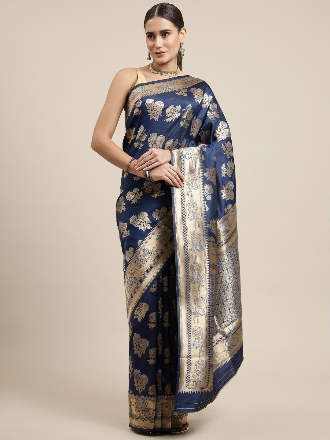 

Royal Rajgharana Saree Navy Blue & Gold Floral Silk Blend Celebrity Banarasi Sarees