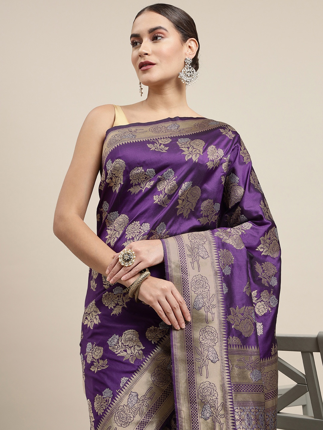 

Royal Rajgharana Saree Purple & Golden Floral Woven Design Banarasi Sarees