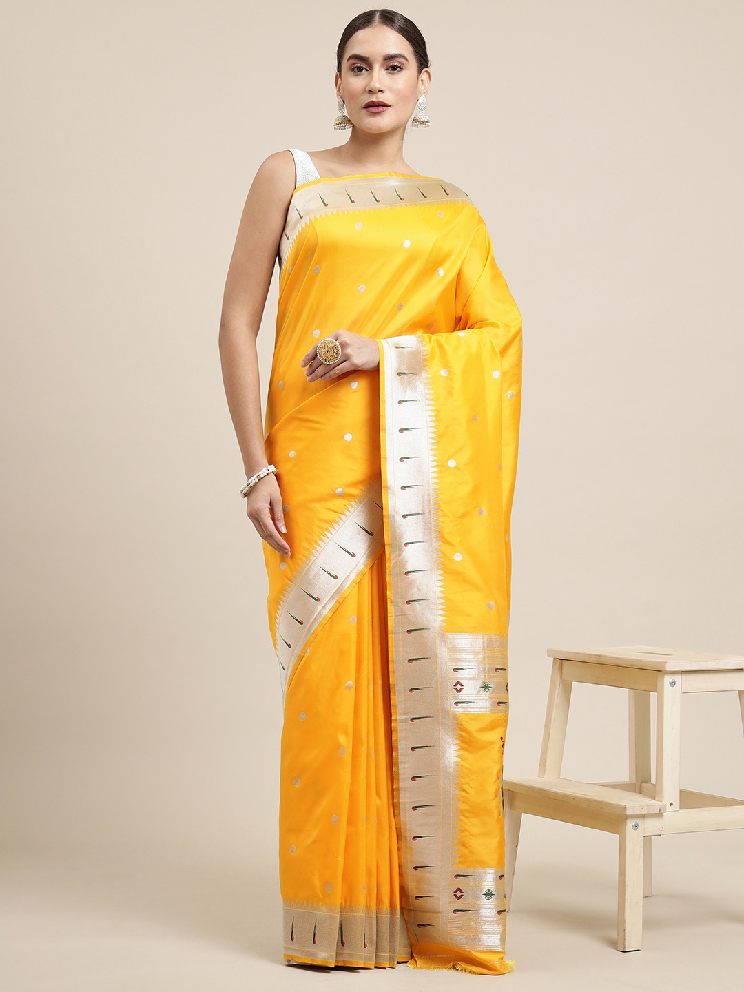

Royal Rajgharana Saree Yellow & Golden Woven Design Paithani Sarees