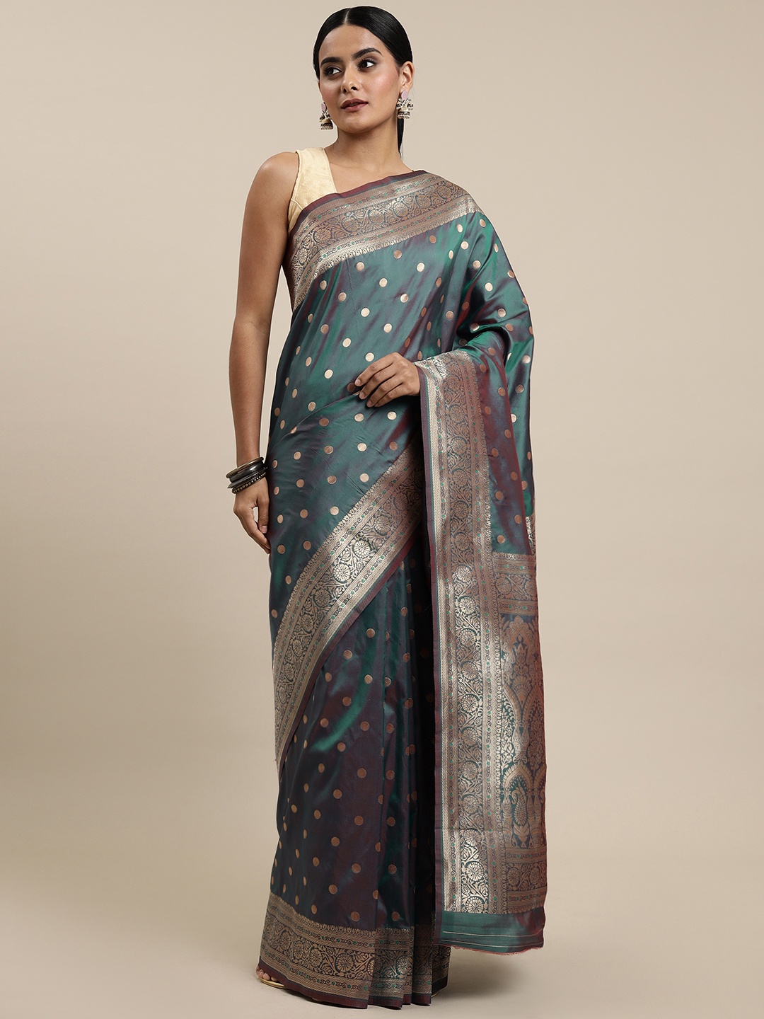Royal Rajgharana Saree Teal Green & Golden Woven Design Silk Blend Paithani Sarees