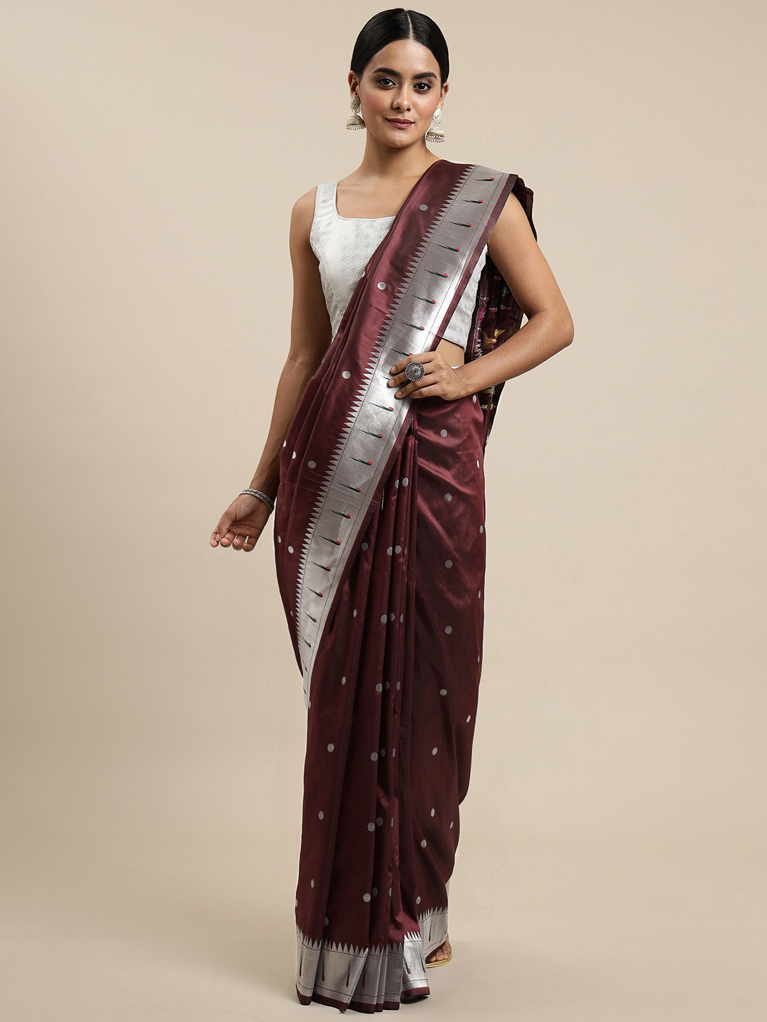 

Royal Rajgharana Saree Burgundy & Silver Woven Design Silk Blend Paithani Sarees
