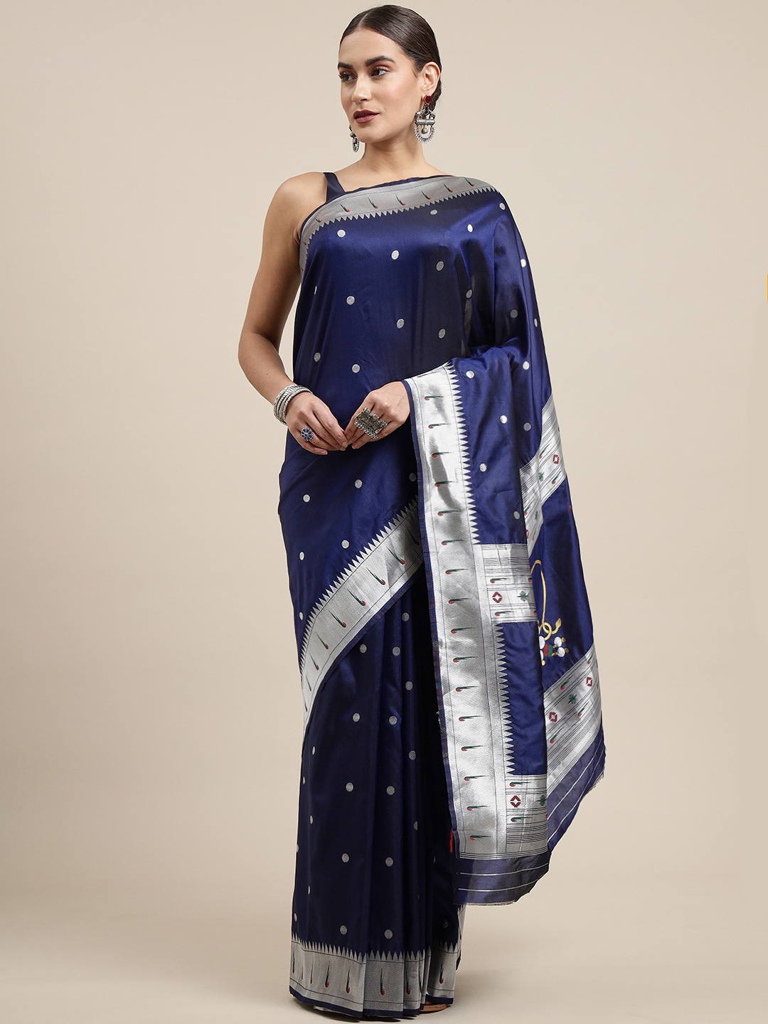 

Royal Rajgharana Saree Navy Blue & Silver Woven Design Paithani Sarees